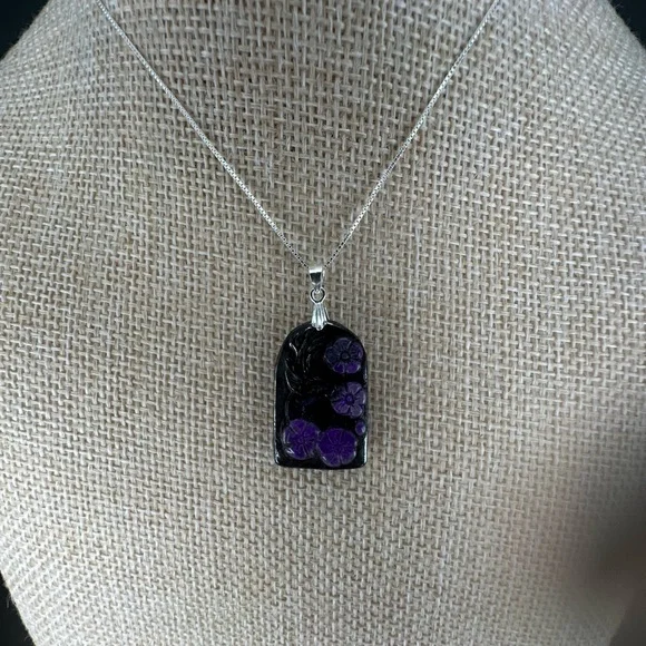 Arch Shaped Deer and Flowers Sugilite Pendant on Sterling Silver Box Chain - Picture 14 of 16